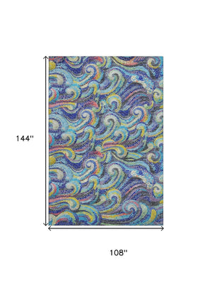 HomeRoots 9' X 12' Pacific Blue, Ivory & Yellow Geometric Washable Area Rug - UV Protected, Easy-Care Design 646192