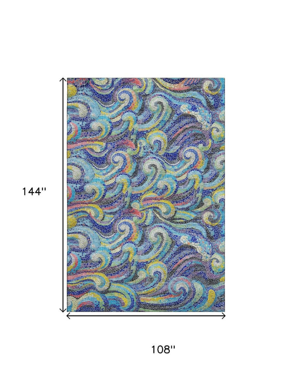 HomeRoots 9' X 12' Pacific Blue, Ivory & Yellow Geometric Washable Area Rug - UV Protected, Easy-Care Design 646192