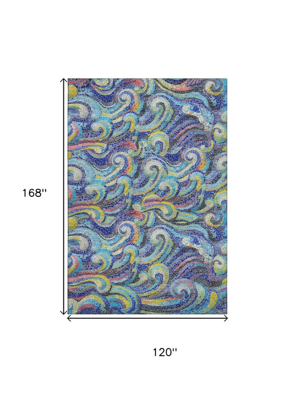 HomeRoots 10' Pacific Blue Ivory Yellow Geometric Area Rug - Washable, UV-Protected, Durable for High-Traffic Areas 646193