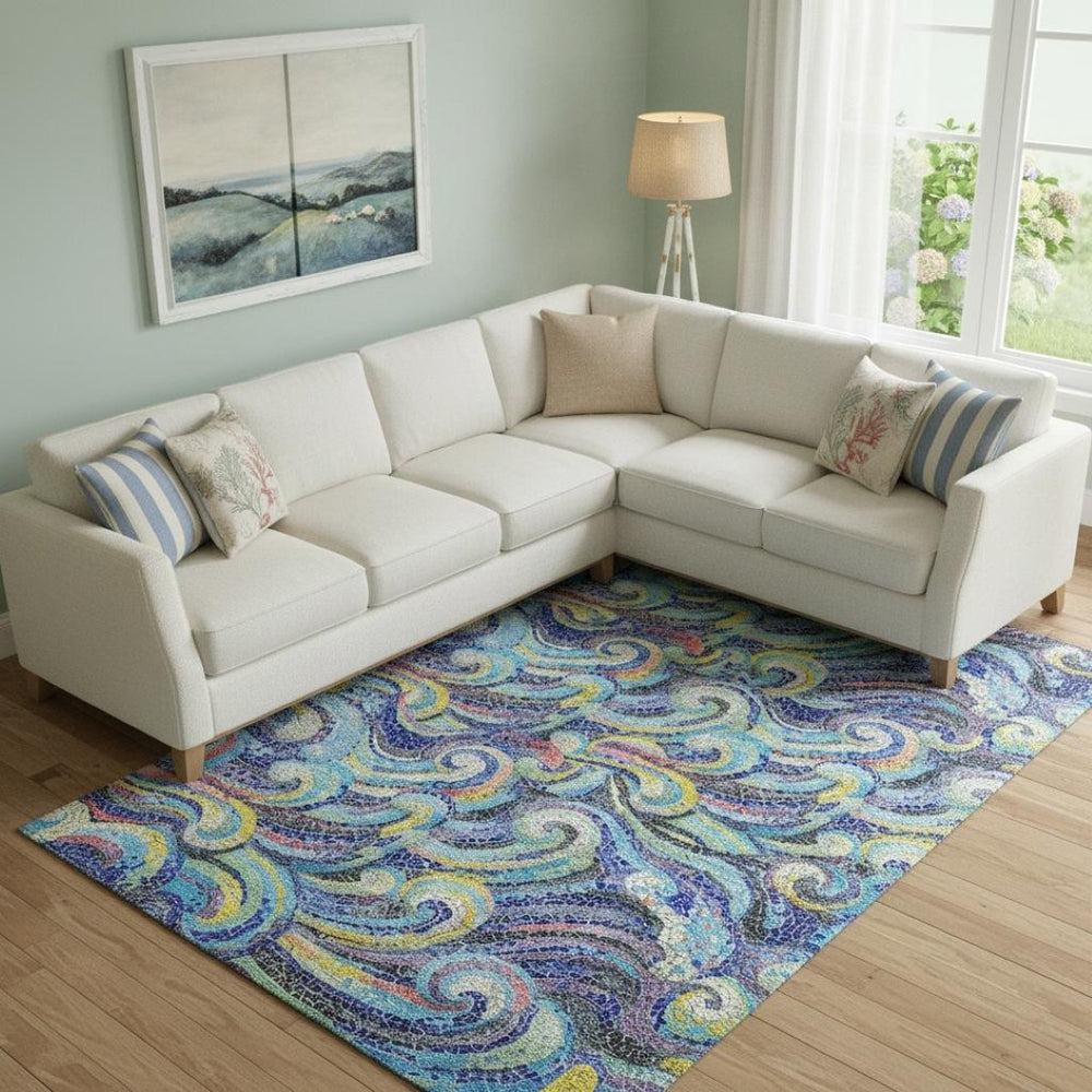 HomeRoots 10' Pacific Blue Ivory Yellow Geometric Area Rug - Washable, UV-Protected, Durable for High-Traffic Areas 646193