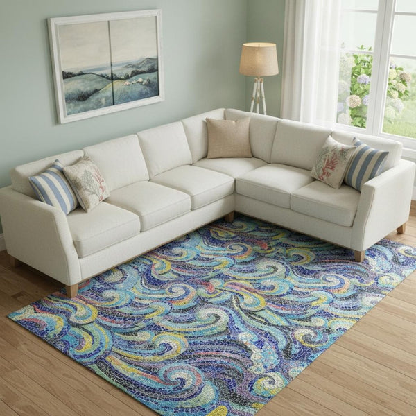 HomeRoots 10' Pacific Blue Ivory Yellow Geometric Area Rug - Washable, UV-Protected, Durable for High-Traffic Areas 646193