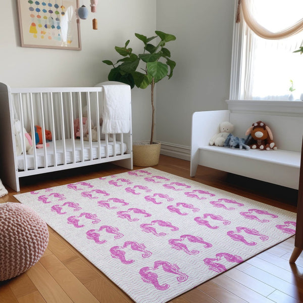 HomeRoots 5' X 8' Pink And Silver Geometric Washable Area Rug - Stylish, Durable, UV-Protected for Modern Homes 646195