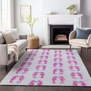 HomeRoots 5' X 8' Pink And Silver Geometric Washable Area Rug - Stylish, Durable, UV-Protected for Modern Homes 646195