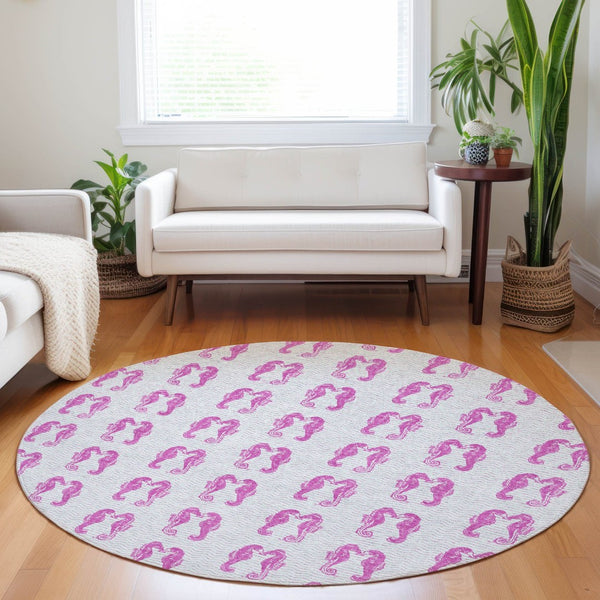 HomeRoots 8' Pink And Silver Geometric Round Rug – Washable, UV Protected, Stylish Accent for Any Room 646196