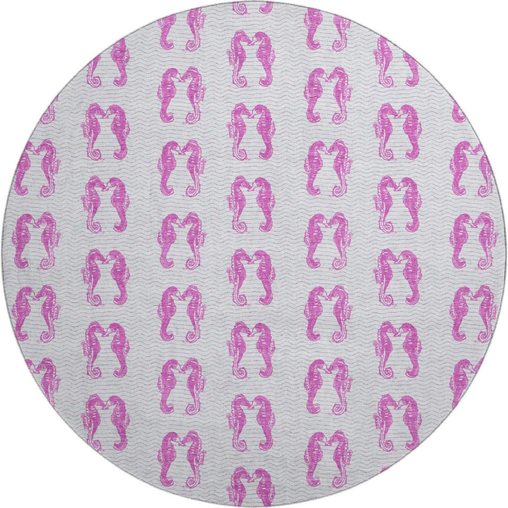 HomeRoots 8' Pink And Silver Geometric Round Rug – Washable, UV Protected, Stylish Accent for Any Room 646196