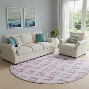 HomeRoots 8' Pink And Silver Geometric Round Rug – Washable, UV Protected, Stylish Accent for Any Room 646196