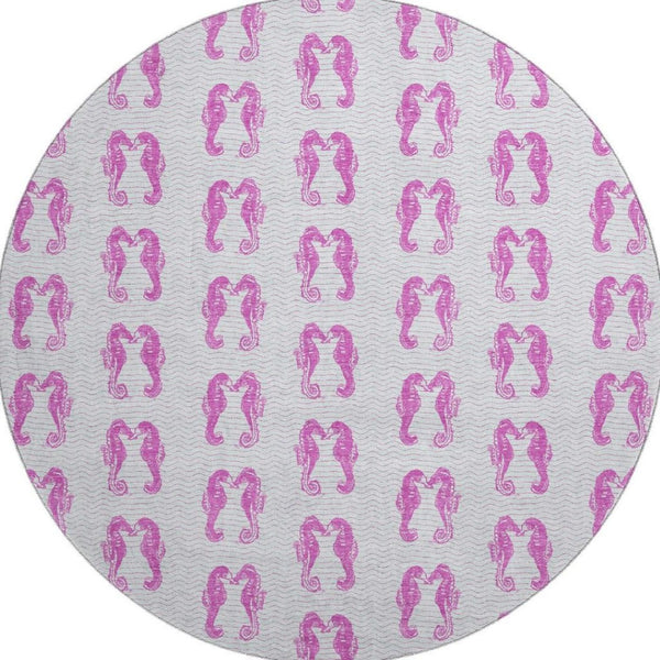 HomeRoots 8' Pink And Silver Geometric Round Rug – Washable, UV Protected, Stylish Accent for Any Room 646196