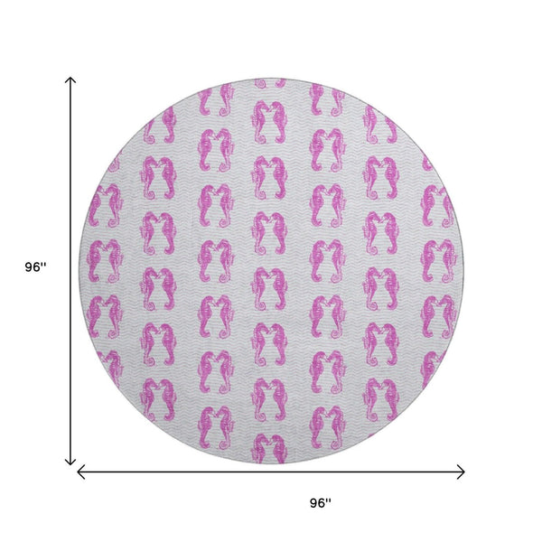HomeRoots 8' Pink And Silver Geometric Round Rug – Washable, UV Protected, Stylish Accent for Any Room 646196