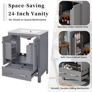 English Elm 24-inch Modern Bathroom Vanity with Ceramic Sink, Soft-Close Doors, Drawer Divider & Ample Storage Gray N729P299440E
