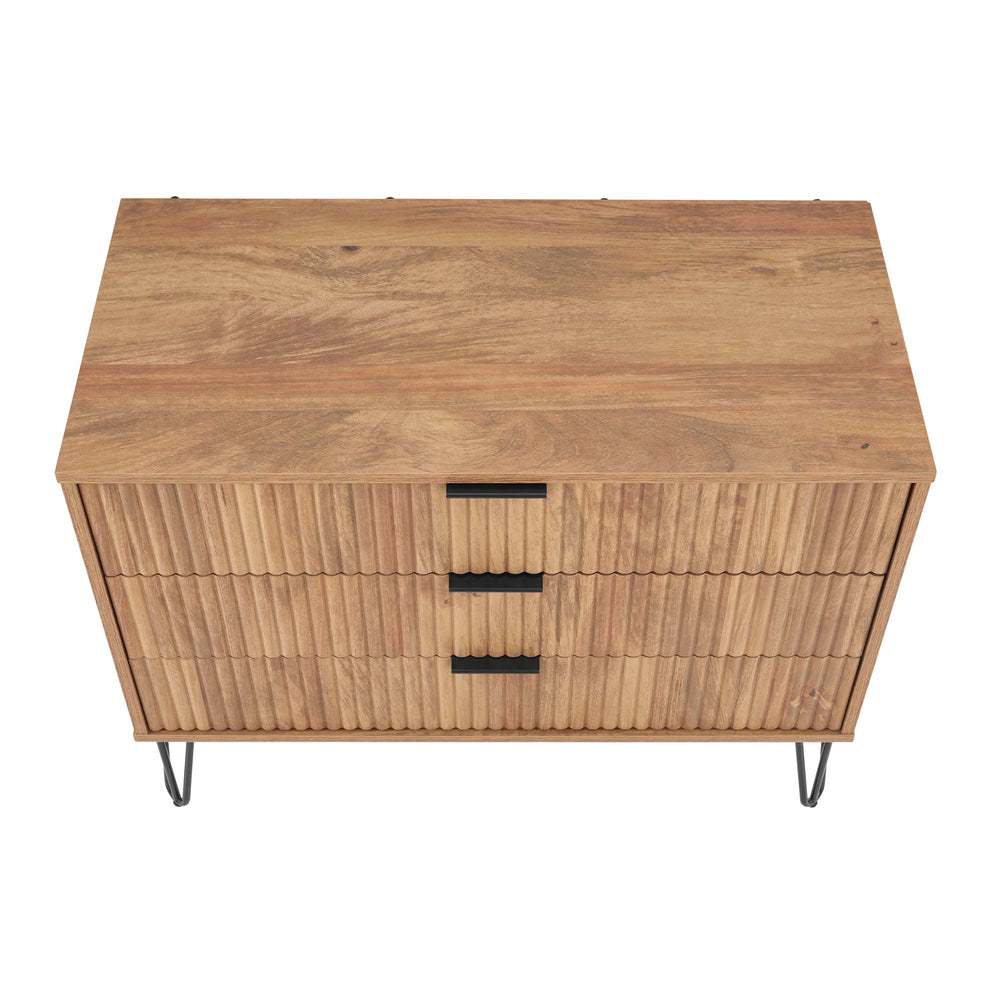 English Elm Dumbo 35" Fluted 3-Drawer Dresser with Gold Metal Legs, Glam Handles, Easy Snap Assembly Brown B365P398116