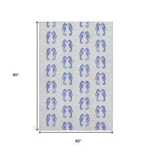 HomeRoots 5' Blue and Ivory Geometric Washable Area Rug with UV Protection - Stylish, Durable, Pet-Friendly Design 646201