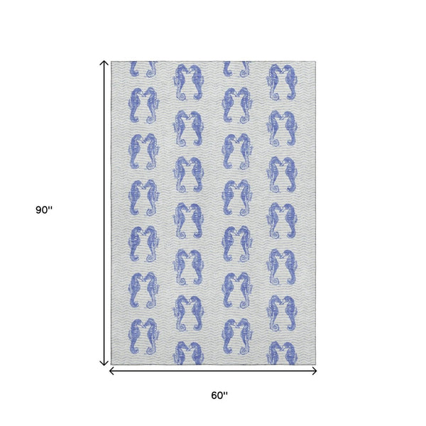 HomeRoots 5' Blue and Ivory Geometric Washable Area Rug with UV Protection - Stylish, Durable, Pet-Friendly Design 646201