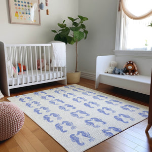 HomeRoots 5' Blue and Ivory Geometric Washable Area Rug with UV Protection - Stylish, Durable, Pet-Friendly Design 646201