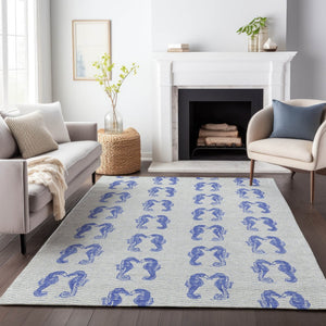 HomeRoots 5' Blue and Ivory Geometric Washable Area Rug with UV Protection - Stylish, Durable, Pet-Friendly Design 646201