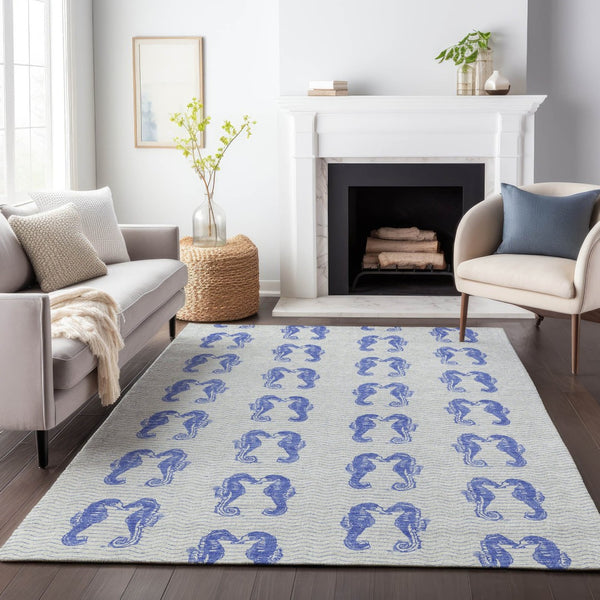 HomeRoots 5' Blue and Ivory Geometric Washable Area Rug with UV Protection - Stylish, Durable, Pet-Friendly Design 646201