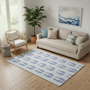 HomeRoots 5' Blue and Ivory Geometric Washable Area Rug with UV Protection - Stylish, Durable, Pet-Friendly Design 646201