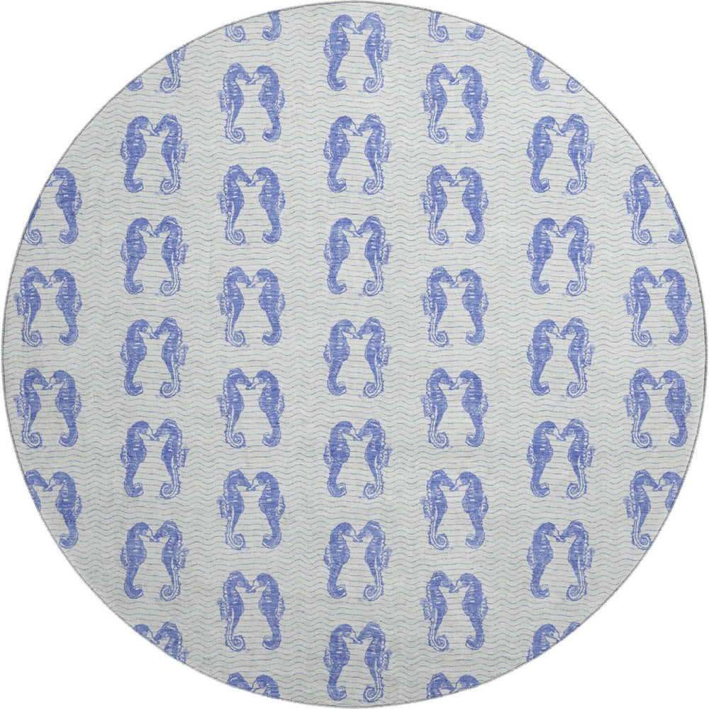 HomeRoots 8' Blue And Ivory Geometric Round Rug - Washable, UV Protected, Durable for High-Traffic Areas 646202