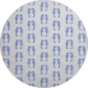 HomeRoots 8' Blue And Ivory Geometric Round Rug - Washable, UV Protected, Durable for High-Traffic Areas 646202