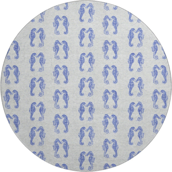 HomeRoots 8' Blue And Ivory Geometric Round Rug - Washable, UV Protected, Durable for High-Traffic Areas 646202