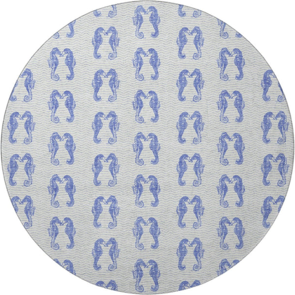 HomeRoots 8' Blue And Ivory Geometric Round Rug - Washable, UV Protected, Durable for High-Traffic Areas 646202