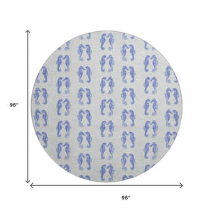 HomeRoots 8' Blue And Ivory Geometric Round Rug - Washable, UV Protected, Durable for High-Traffic Areas 646202