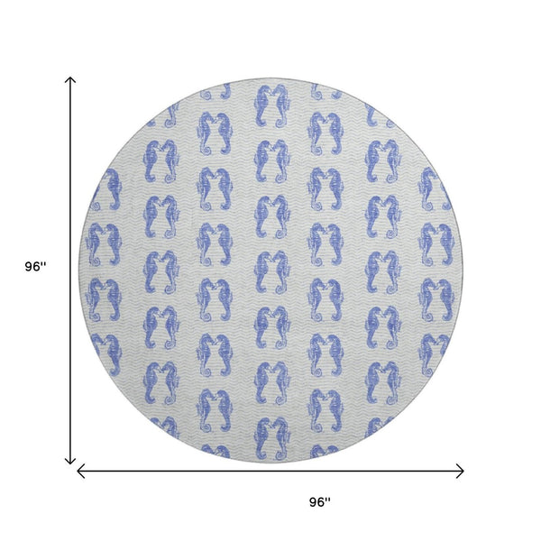 HomeRoots 8' Blue And Ivory Geometric Round Rug - Washable, UV Protected, Durable for High-Traffic Areas 646202