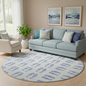 HomeRoots 8' Blue And Ivory Geometric Round Rug - Washable, UV Protected, Durable for High-Traffic Areas 646202