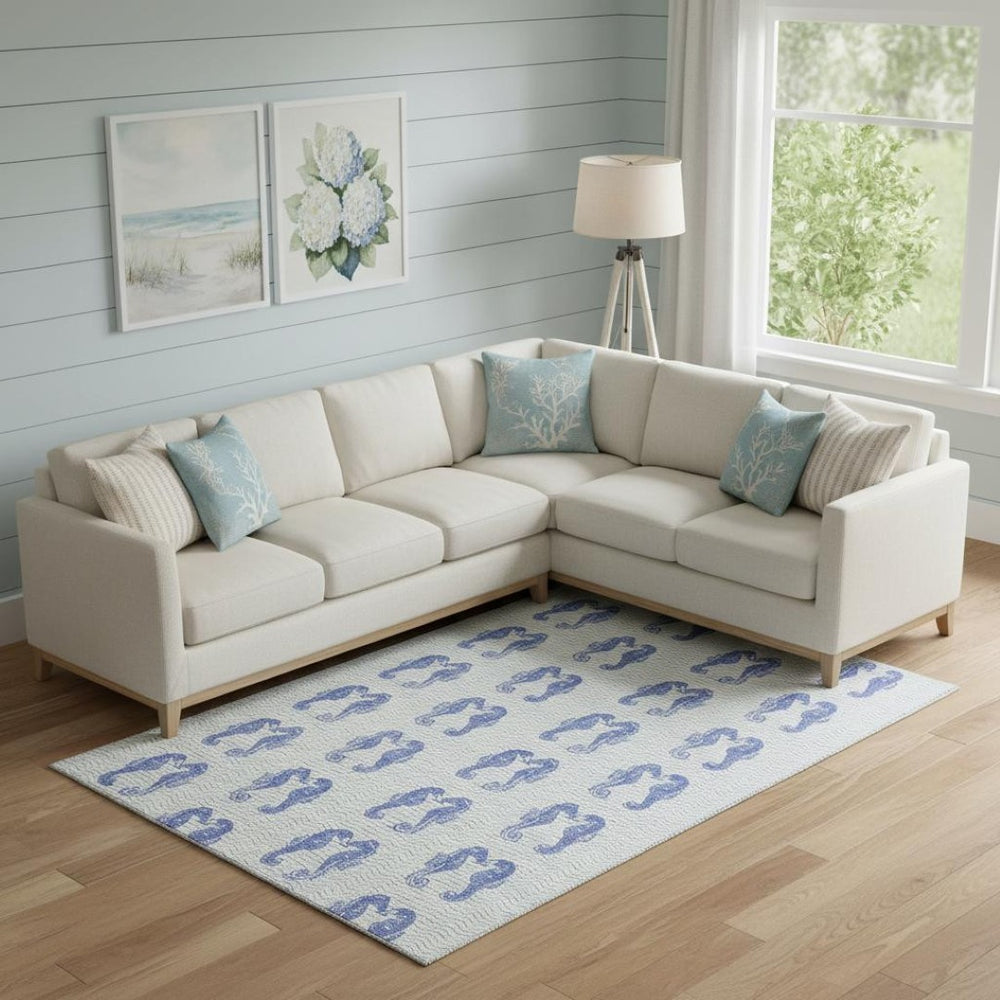 HomeRoots 9' X 12' Blue And Ivory Geometric Area Rug – Washable, UV Protected, Stain Resistant for Coastal Charm 646204