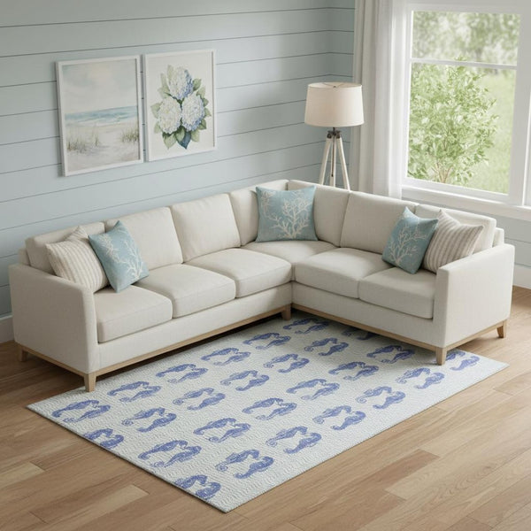 HomeRoots 9' X 12' Blue And Ivory Geometric Area Rug – Washable, UV Protected, Stain Resistant for Coastal Charm 646204