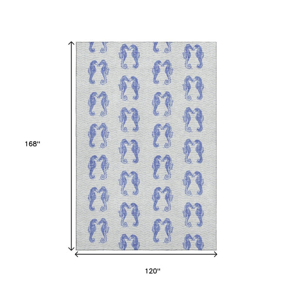 HomeRoots 10' Blue and Ivory Geometric Area Rug - Washable, UV Protected, Stain-Resistant for High Traffic Use 646205