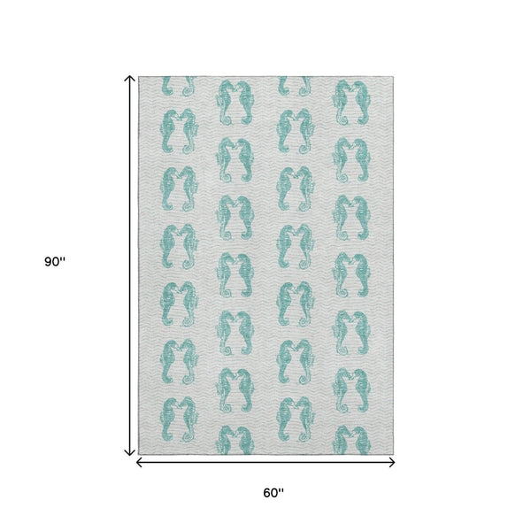 HomeRoots 5' X 8' Aqua & Ivory Geometric Area Rug - Machine Washable, UV Resistant, Ideal for Homes with Kids & Pets 646213