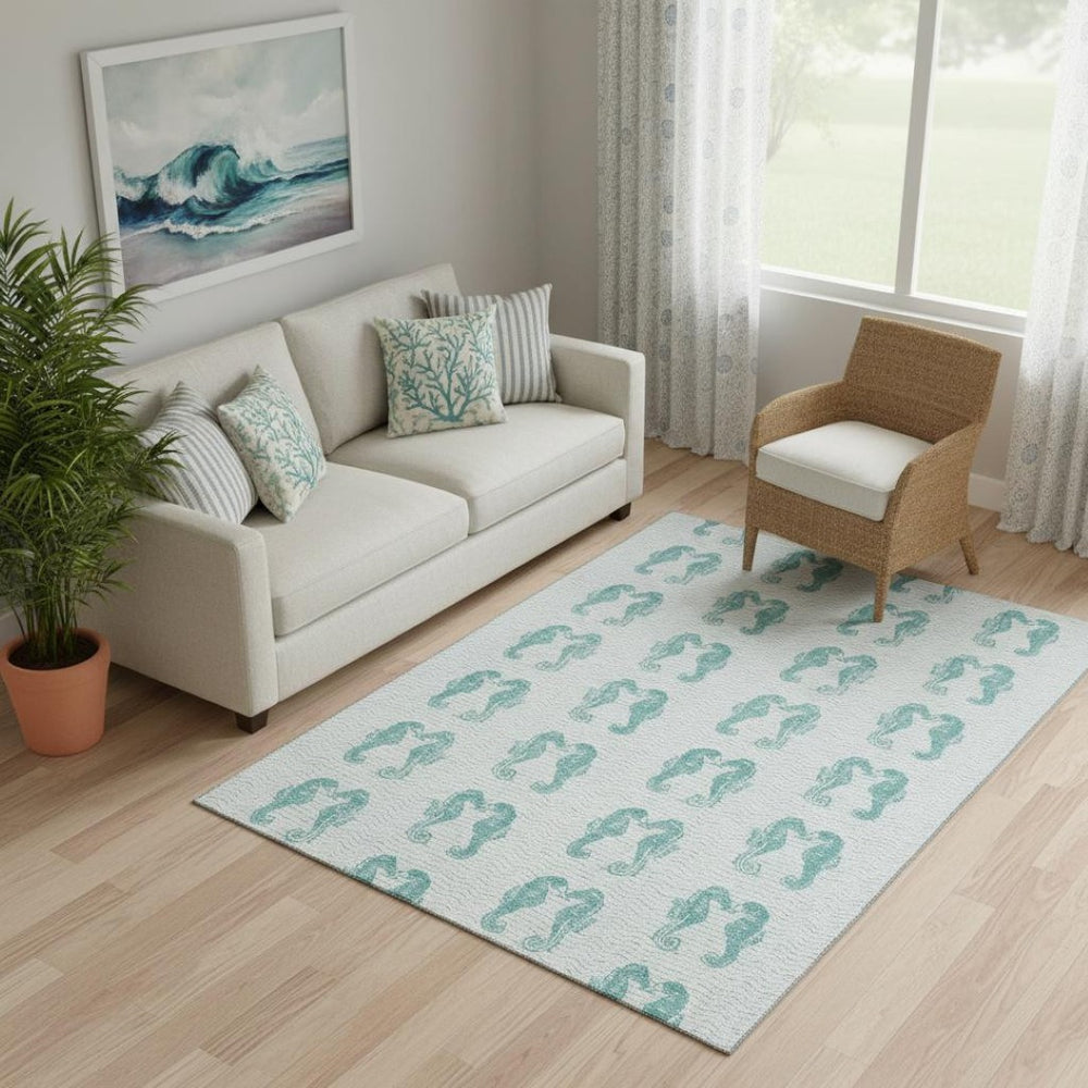 HomeRoots 5' X 8' Aqua & Ivory Geometric Area Rug - Machine Washable, UV Resistant, Ideal for Homes with Kids & Pets 646213