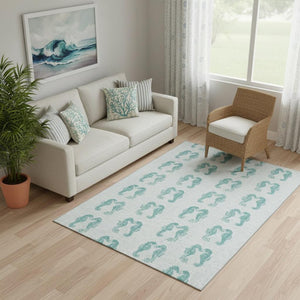 HomeRoots 5' X 8' Aqua & Ivory Geometric Area Rug - Machine Washable, UV Resistant, Ideal for Homes with Kids & Pets 646213