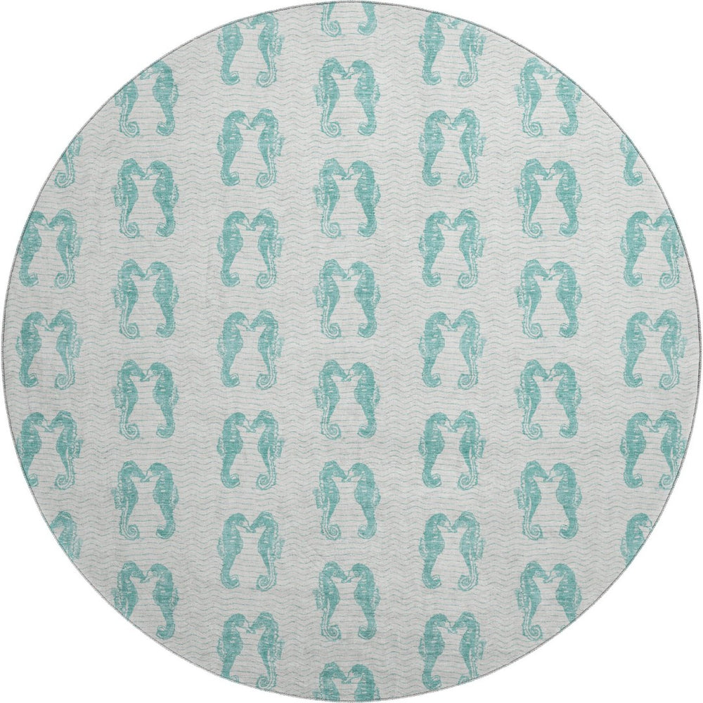 HomeRoots 8' Aqua and Ivory Geometric Round Rug – Machine Washable, UV Protected, Stain Resistant for Homes 646214