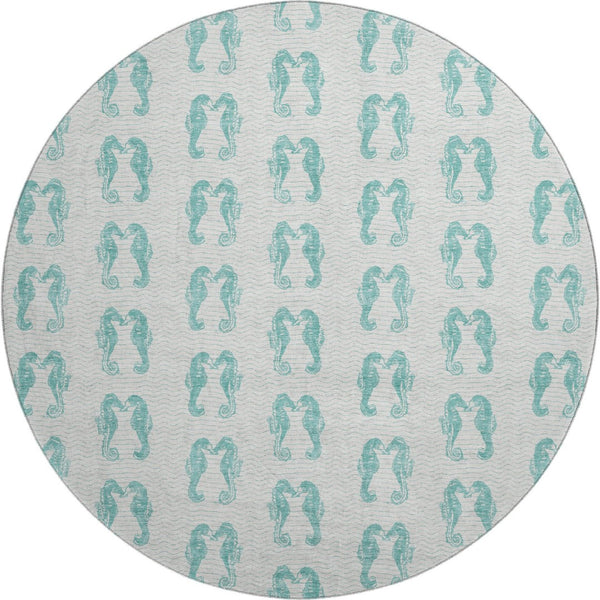HomeRoots 8' Aqua and Ivory Geometric Round Rug – Machine Washable, UV Protected, Stain Resistant for Homes 646214