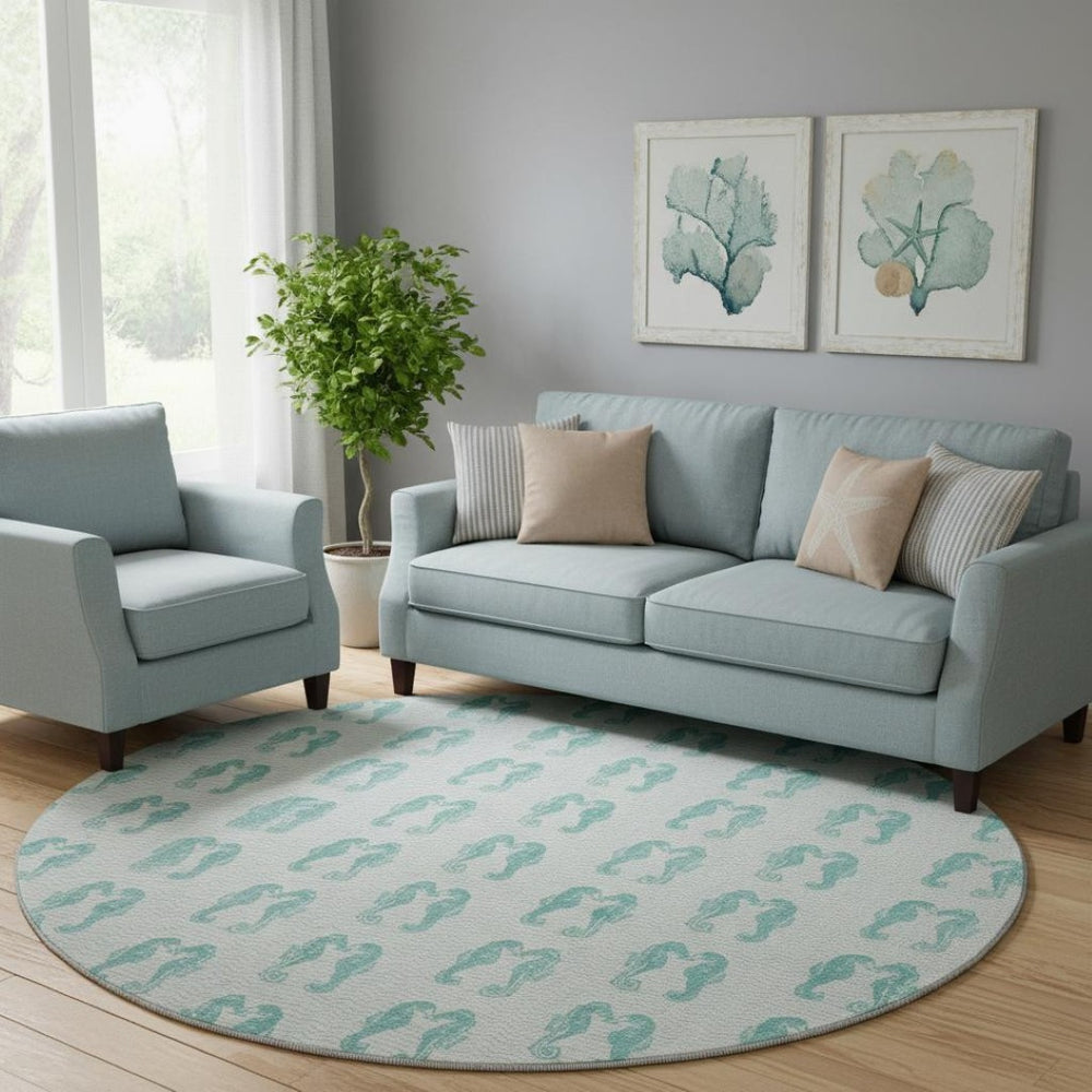 HomeRoots 8' Aqua and Ivory Geometric Round Rug – Machine Washable, UV Protected, Stain Resistant for Homes 646214