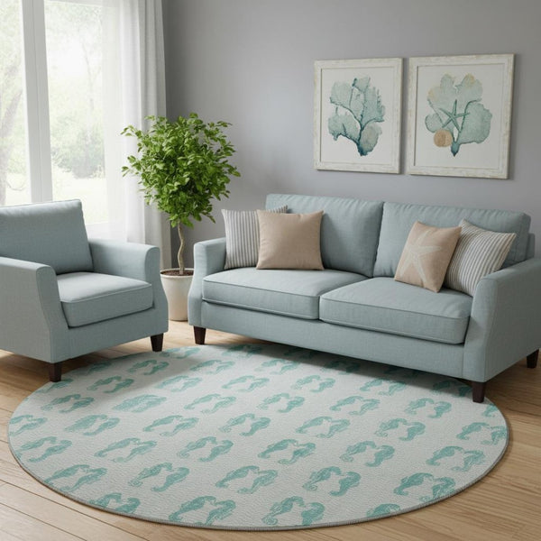 HomeRoots 8' Aqua and Ivory Geometric Round Rug – Machine Washable, UV Protected, Stain Resistant for Homes 646214