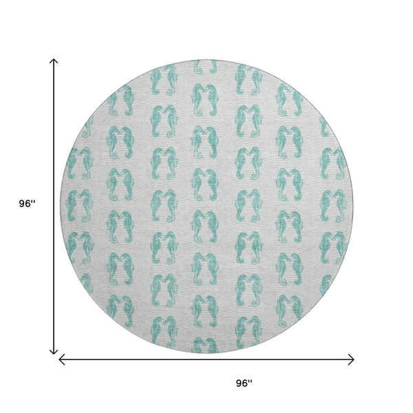 HomeRoots 8' Aqua and Ivory Geometric Round Rug – Machine Washable, UV Protected, Stain Resistant for Homes 646214