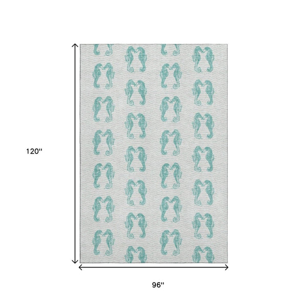HomeRoots 8' X 10' Aqua and Ivory Geometric Area Rug - Durable, Washable, UV Protected for Coastal Style Living 646215