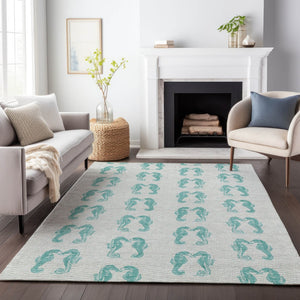 HomeRoots 8' X 10' Aqua and Ivory Geometric Area Rug - Durable, Washable, UV Protected for Coastal Style Living 646215