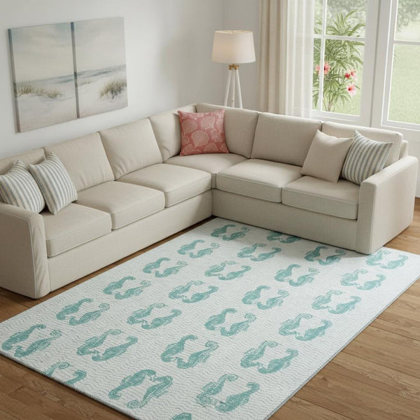 HomeRoots 8' X 10' Aqua and Ivory Geometric Area Rug - Durable, Washable, UV Protected for Coastal Style Living 646215