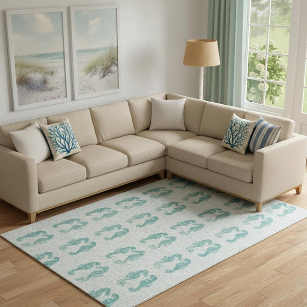 HomeRoots 9' X 12' Aqua And Ivory Geometric Area Rug - Washable, UV-Protected, Family-Friendly Style & Durability 646216