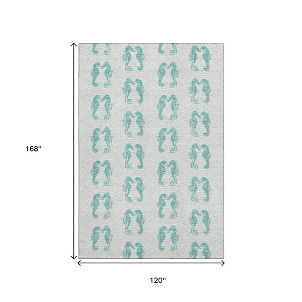 HomeRoots 10' X 14' Aqua and Ivory Geometric Area Rug – Durable, Machine Washable, UV Protected for Easy Care 646217