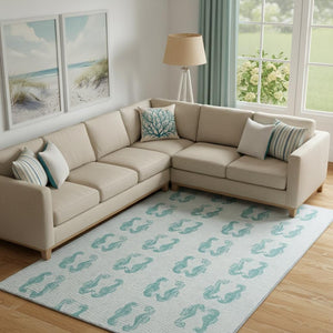 HomeRoots 10' X 14' Aqua and Ivory Geometric Area Rug – Durable, Machine Washable, UV Protected for Easy Care 646217