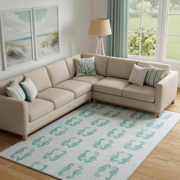 HomeRoots 10' X 14' Aqua and Ivory Geometric Area Rug – Durable, Machine Washable, UV Protected for Easy Care 646217