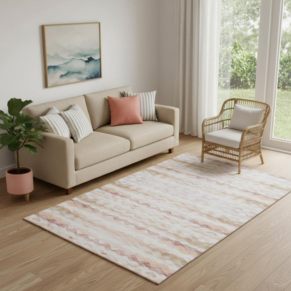HomeRoots 5' X 8' Coastal-Inspired Peach, Ivory, and Beige Geometric Area Rug – Washable with UV Protection! 646219