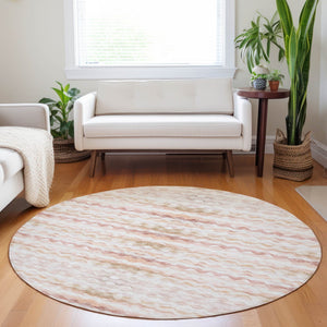 HomeRoots 8' Stylish Peach Ivory Beige Geometric Washable Round Rug with UV Protection for Modern Homes 646220
