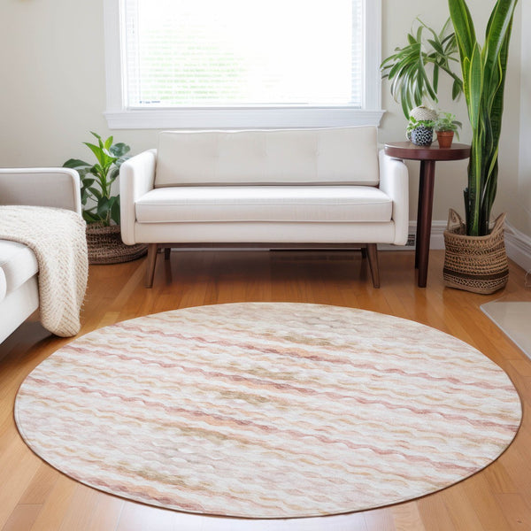 HomeRoots 8' Stylish Peach Ivory Beige Geometric Washable Round Rug with UV Protection for Modern Homes 646220