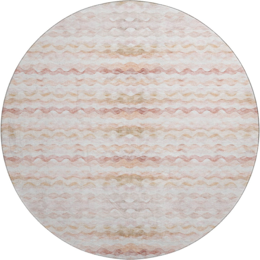 HomeRoots 8' Stylish Peach Ivory Beige Geometric Washable Round Rug with UV Protection for Modern Homes 646220