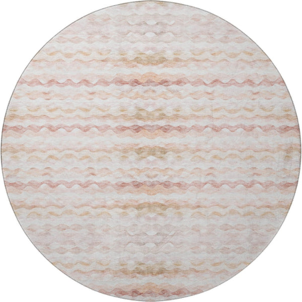 HomeRoots 8' Stylish Peach Ivory Beige Geometric Washable Round Rug with UV Protection for Modern Homes 646220